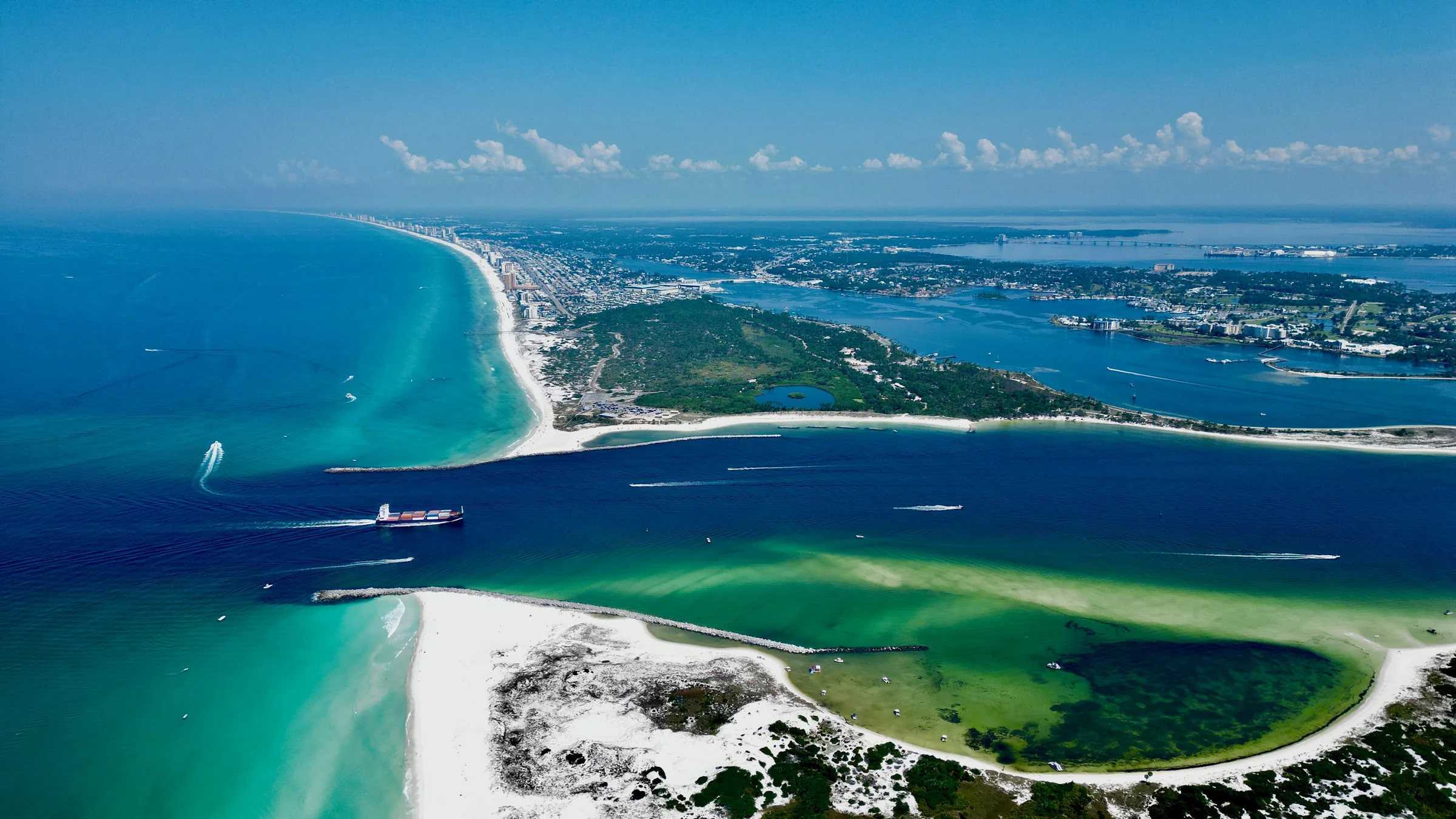 Aerial of Shell Island and Panama City Beach pass