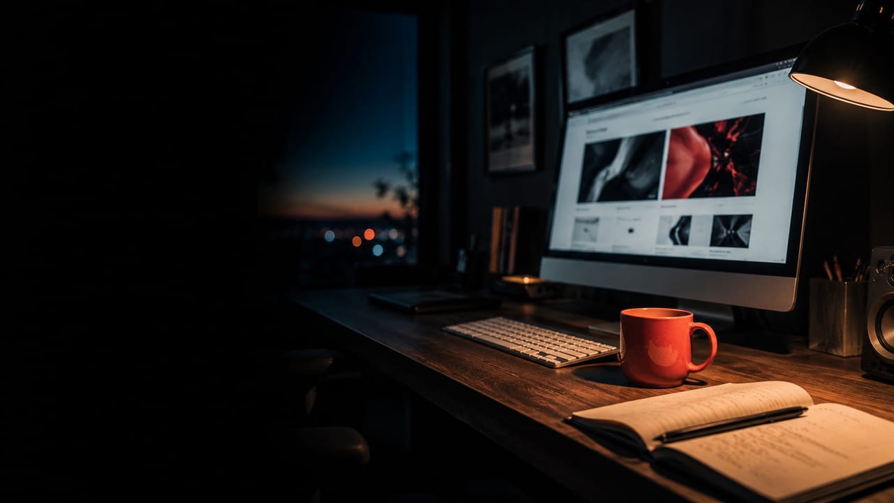 Custom website design on screen in a Panama City Beach studio at dusk — Seventh Avenue Media
