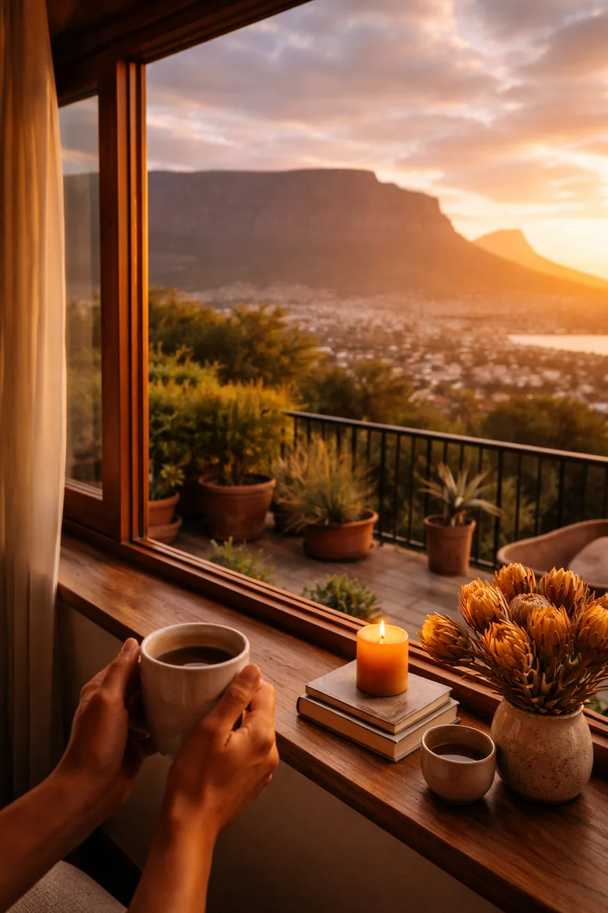 Coffee at a windowsill at golden hour overlooking Table Mountain and Cape Town, with proteas — the Fairways neighbourhood that gives Seventh Avenue Media its name